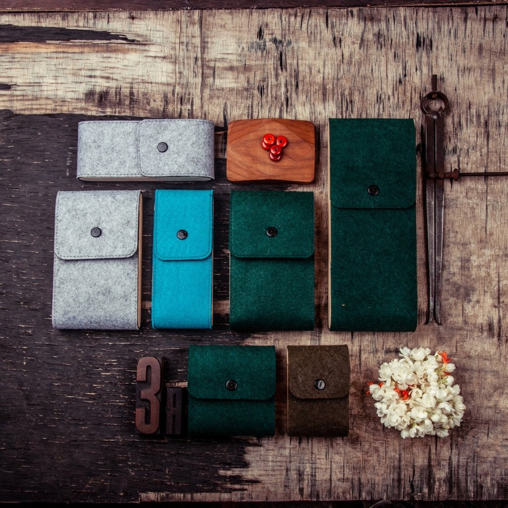Multipurpose pouches - Upcycled tyre tube, waste wood and recycled felt - The Second Life India